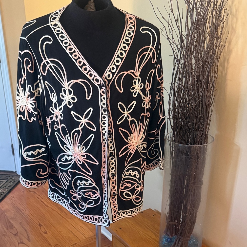 Lauren Michelle Black and Pink Embroidered Blouse/Cardigan